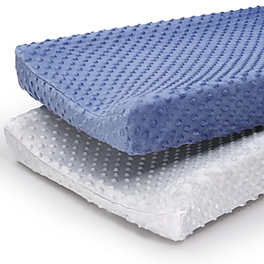 The Peanutshell&trade; 2-Pack Minky Dot Changing Pad Covers in Blue/Grey. View a larger version of this product image.