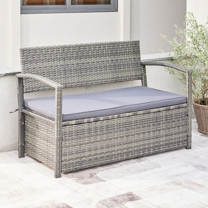 Vifah Gabrielle Wicker Patio Storage Bench in Light Grey | Bed Bath