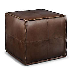 Simpli Home Brody Faux Leather Square Pouf in Distressed Dark Brown