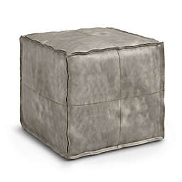 Simpli Home Brody Faux Leather Square Pouf in Distressed Grey