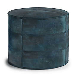 Simpli Home Connor Genuine Leather Round Pouf in Distressed Teal Blue