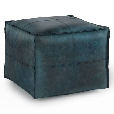 Simpli Home Sheffield Genuine Leather Square Pouf in Distressed Teal Blue