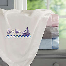Sailboat Embroidered Ivory Satin Trim Baby Blanket