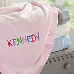 Rainbow Name EMD Pink Satin Trim Baby Blanket