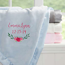 Floral Embroidered Blue Satin Trim Baby Blanket