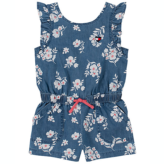 Alternate image 1 for Tommy Hilfiger® Size 6-9M Denim Floral Short Sleeve Romper in Blue/White