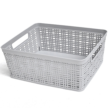 Simply Essential&trade; Medium Plastic Wicker Storage Basket in Grey. View a larger version of this product image.