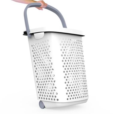 Simply Essential&trade; Tall Hamper with Wheels in White/Grey. View a larger version of this product image.