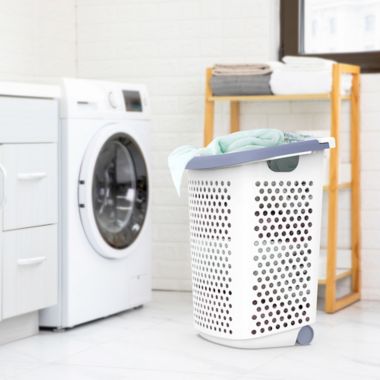 Simply Essential&trade; Tall Hamper with Wheels in White/Grey. View a larger version of this product image.