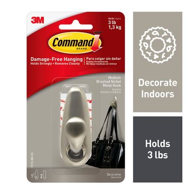 3M Command&trade; Medium Adhesive Mount Metal Hook in Brushed Nickel. View a larger version of this product image.