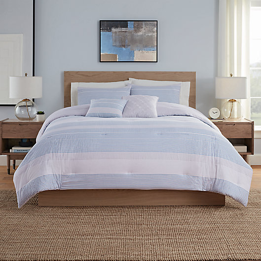 Modern Bedroom Blue Stripe Bed in a Bag Bedding Set Comforter Full  Cool Gray 