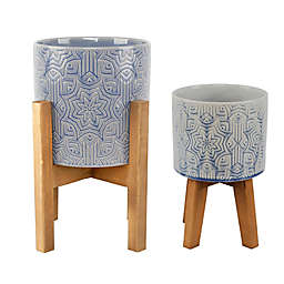 Flora Bunda Star Ceramic Planters with Wood Stands in Blue (Set of 2)