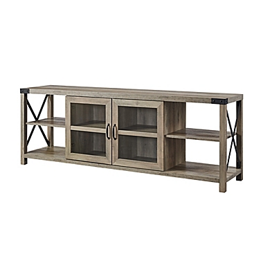 Forest Gate Wheatland 70-Inch Modern Farmhouse 2-Door &amp; Open Shelving TV Stand in Grey. View a larger version of this product image.