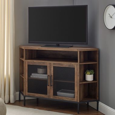 Forest Gate&trade; 48-Inch Metal Mesh Corner TV Stand in Rustic Oak. View a larger version of this product image.