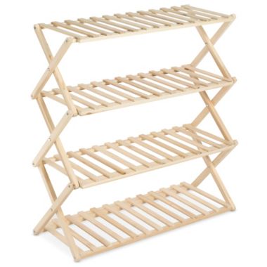 Squared Away&trade; 4-Tier Foldable Wood Shoe Rack in Brown. View a larger version of this product image.