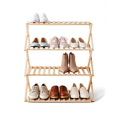 Squared Away&trade; 4-Tier Foldable Wood Shoe Rack in Brown. View a larger version of this product image.