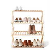 Squared Away&trade; 4-Tier Foldable Wood Shoe Rack in Brown