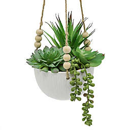 Flora Bunda 5-Inch Artificial Mixed Succulent Arrangement with White Ceramic Hanging Pot