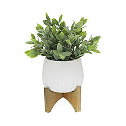 Flora Bunda 10.75-Inch Artificial Tea Leaf Arrangement in Ridge Ceramic Pot with Wood Base