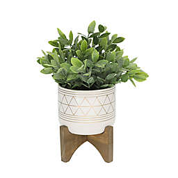 Flora Bunda 11-Inch Artificial Tea Leaf Arrangement in Geo Ceramic Pot with Wood Base