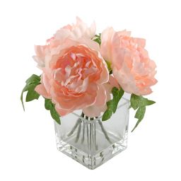 Flora Bunda 9.5-Inch Artificial Silk Peony Arrangement in Pink with Clear Glass Vase