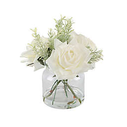 Flora Bunda 9-Inch Artificial Real-Touch Rose Arrangement in White with Clear Glass Vase