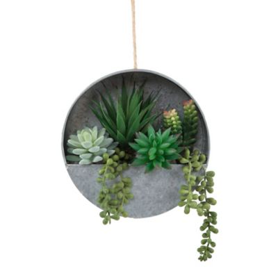 Flora Bunda 8-Inch Artificial Mixed Succulent Arrangement with Galvanized Tin Hanging Pot