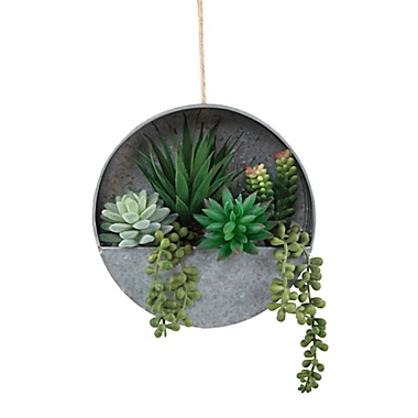 Flora Bunda 8-Inch Artificial Mixed Succulent Arrangement with Galvanized Tin Hanging Pot. View a larger version of this product image.