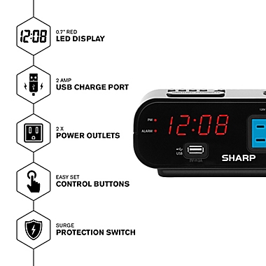 Sharp&reg; LED Alarm Clock in Black with 2 Power Outlets. View a larger version of this product image.