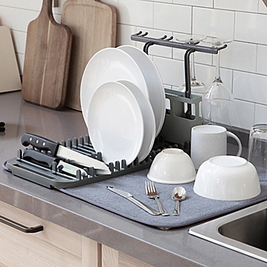 Umbra&reg; U Dry Dish Rack with Stemware Holder and Mat in Charcoal. View a larger version of this product image.