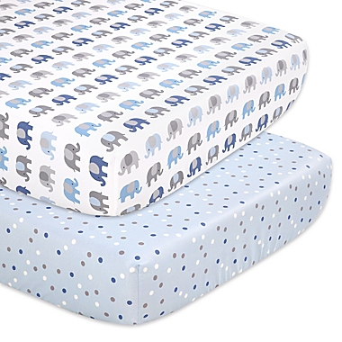 The Peanutshell&trade; 2-Pack Sleepy Elephant Fitted Crib Sheets in Blue/Grey. View a larger version of this product image.