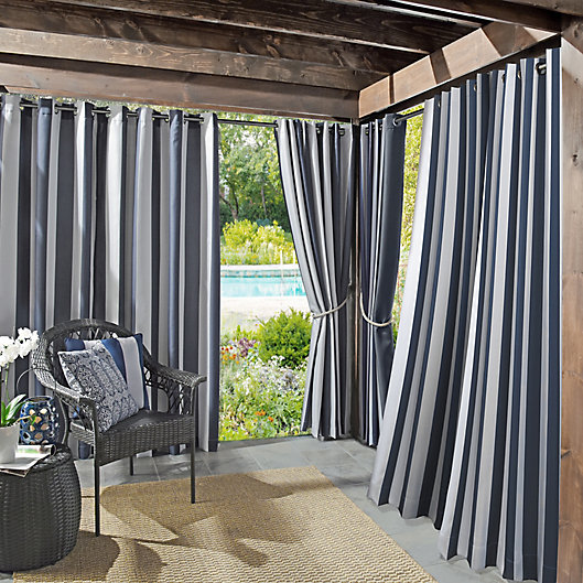 Alternate image 1 for Sun Zero® Owen Cabana Stripe Indoor/Outdoor 84-Inch Curtain Panel in Indigo (Single)