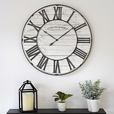 Sterling &amp; Noble&reg; 18-Inch Round Rustic Wood and Metal Roman Grill Wall Clock in White. View a larger version of this product image.