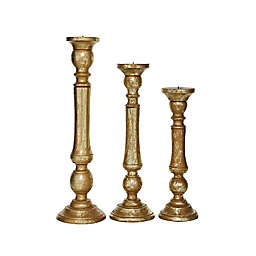 Ridge Road Décor Mango Wood Traditional Candle Holders in Gold (Set of 3)