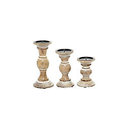 Ridge Road Décor Contemporary Mango Wood Candle Holders in Distressed Brown (Set of 3)