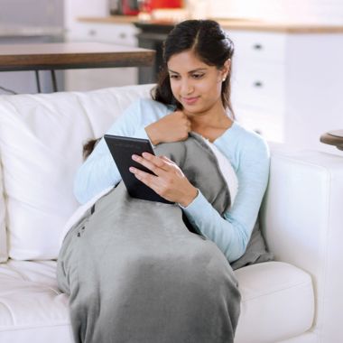 Sharper Image&reg; Calming Cozy&trade; Massaging Electric Blanket with Sherpa Lining in Grey. View a larger version of this product image.