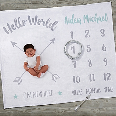Hello World Monthly Personalized Milestone Baby Plush Fleece Blanket. View a larger version of this product image.