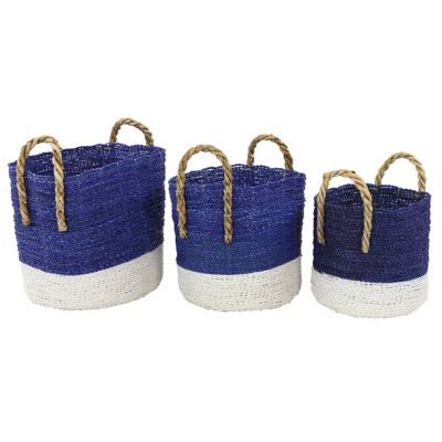 DecMode 17", 15", 13"W Blue Seagrass Handmade Two Toned Storage Basket with Handles, 3-Pieces