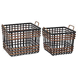 Ridge Road Décor Metal and Wood Storage Baskets in Black/Brown (Set of 2)