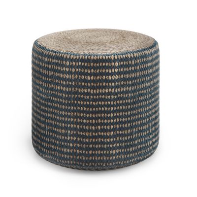 Simpli Home Larissa Jute Round Braided Pouf in Natural and Teal