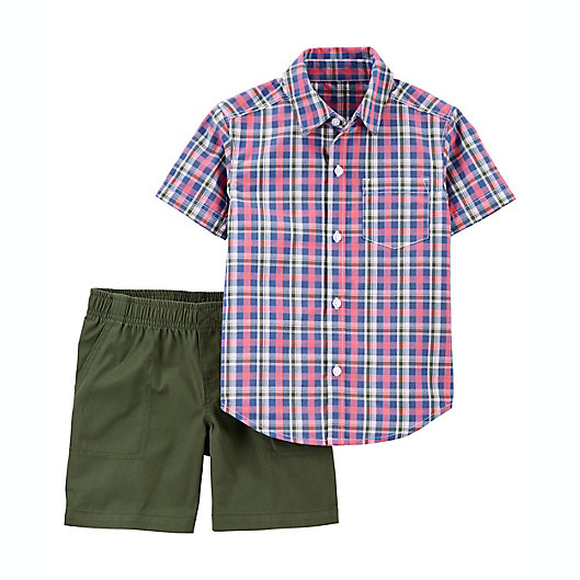 Alternate image 1 for carter's® 2-Piece Plaid Short Sleeve Shirt and Short Set in Red/Olive