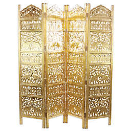 Ridge Road Décor Traditional Elephant 4-Panel Mango Wood Room Divider Screen in Gold