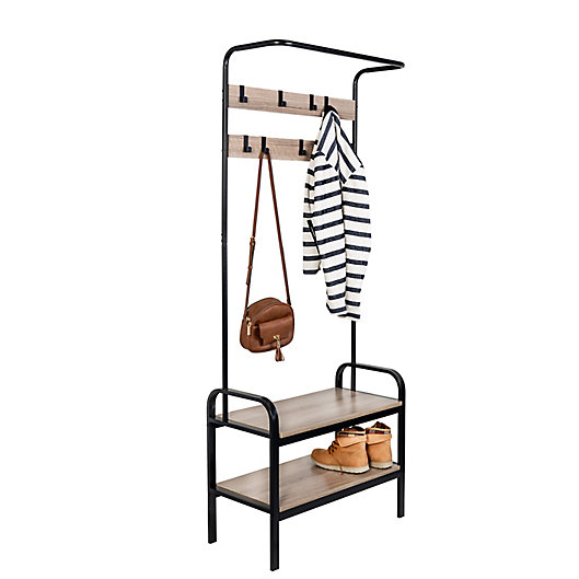 Alternate image 1 for Honey-Can-Do® Entryway Organizer with Hooks and Shoe Storage in Wood/Black