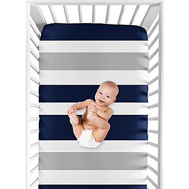 Sweet Jojo Designs Navy and Grey Stripe Fitted Crib Sheet. View a larger version of this product image.