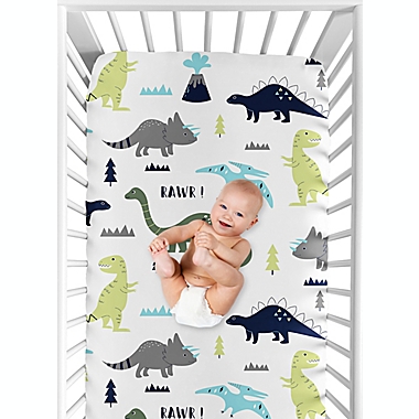 Sweet Jojo Designs Mod Dinosaur Print Fitted Crib Sheet in Turquoise/Navy. View a larger version of this product image.