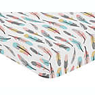 Alternate image 0 for Sweet Jojo Designs&reg; Feather Print Fitted Crib Sheet in Turquoise/Coral