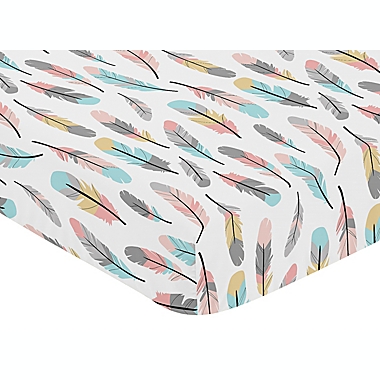 Sweet Jojo Designs&reg; Feather Print Fitted Crib Sheet in Turquoise/Coral. View a larger version of this product image.