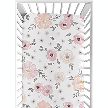 Sweet Jojo Designs Watercolor Floral Fitted Crib Sheet in Pink/Grey. View a larger version of this product image.