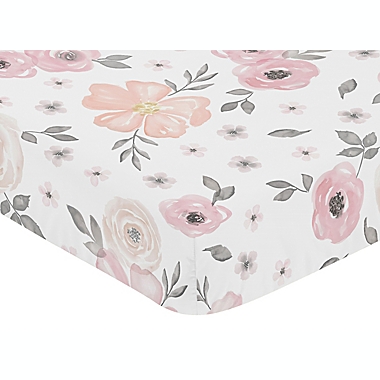 Sweet Jojo Designs Watercolor Floral Fitted Crib Sheet in Pink/Grey. View a larger version of this product image.