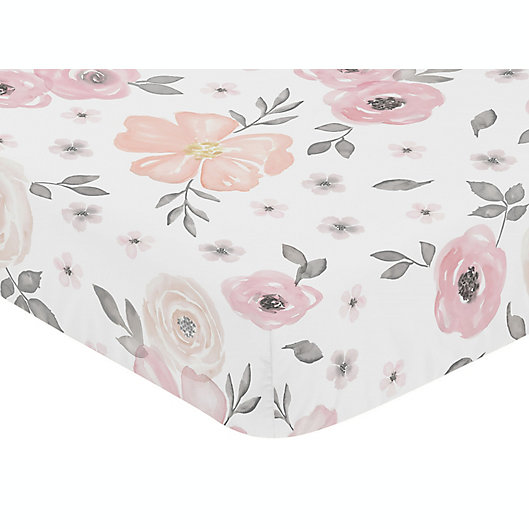 Alternate image 1 for Sweet Jojo Designs Watercolor Floral Fitted Crib Sheet in Pink/Grey